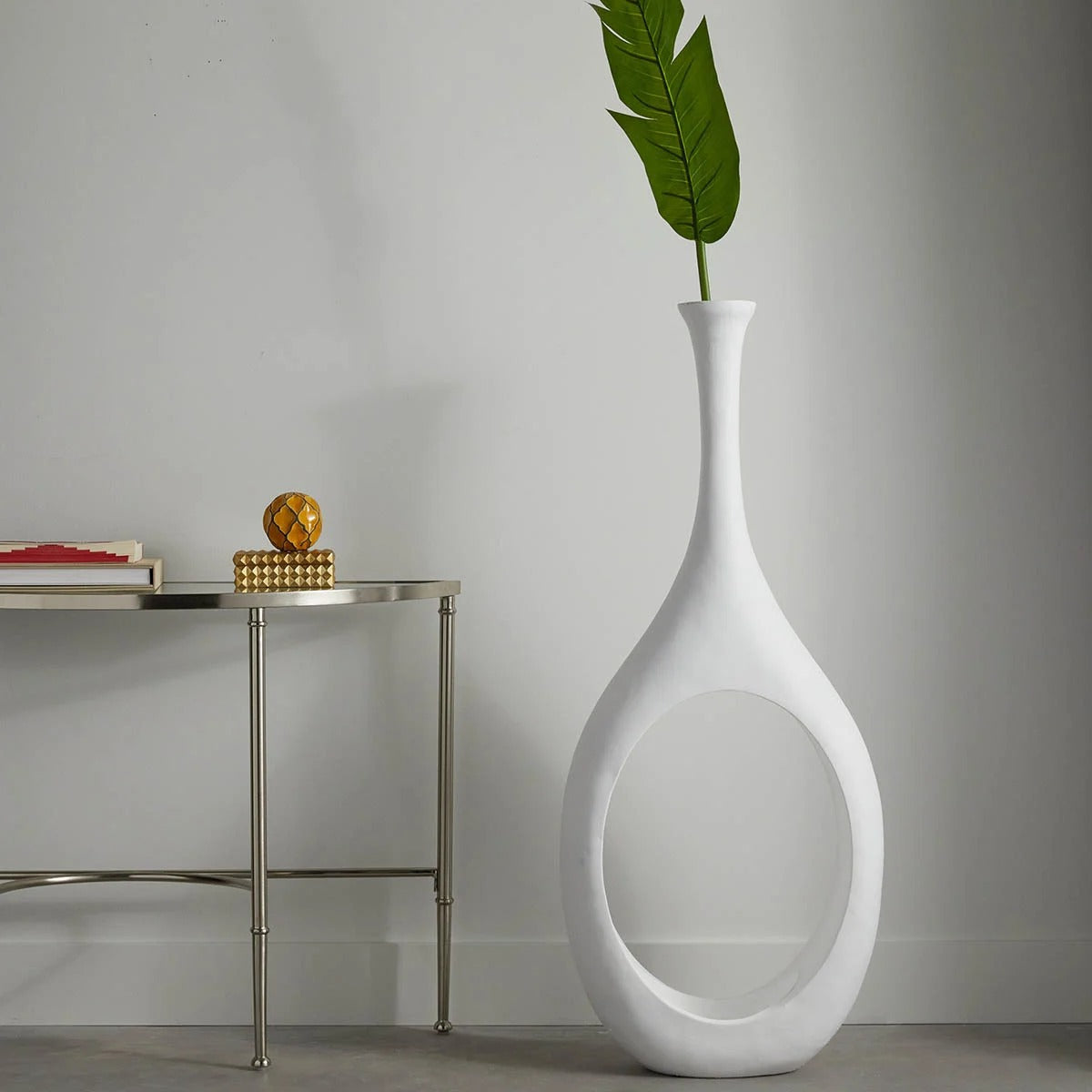 Modern White Open Circle Floor Vase, 48 Inch