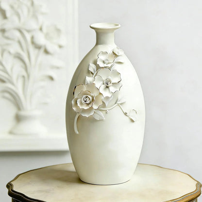 Sculpted Floral Ceramic Tabletop Vase with Gold Edges, 11 Inch