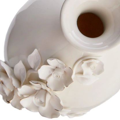 Sculpted Floral Ceramic Tabletop Vase with Gold Edges, 11 Inch