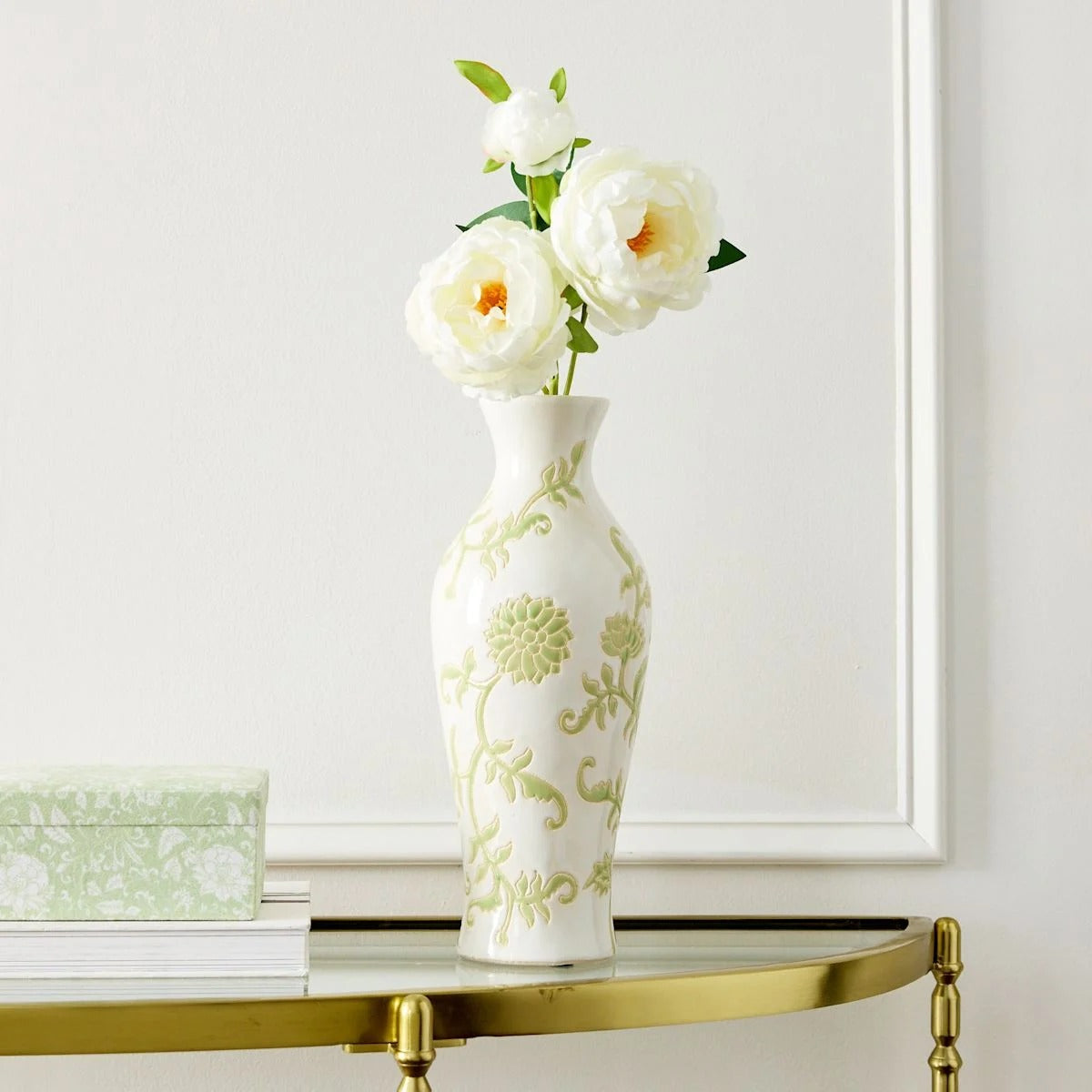 Floral Print Ceramic Tabletop Urn Vase, 13.6 Inch