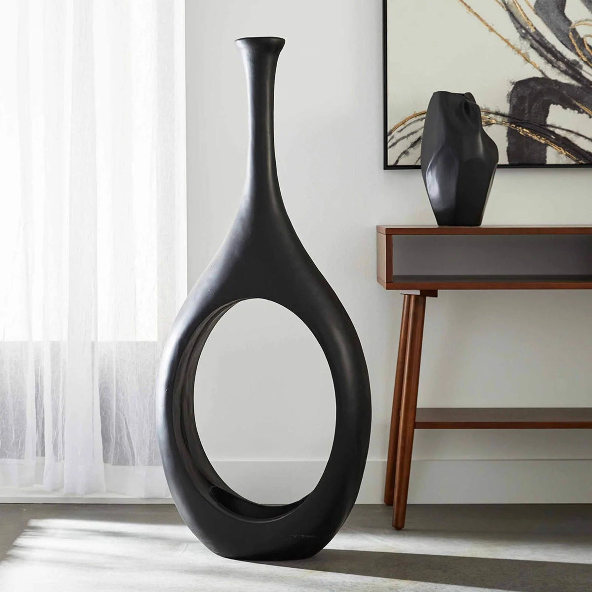 Modern Black Open Circle Floor Vase, 48 Inch