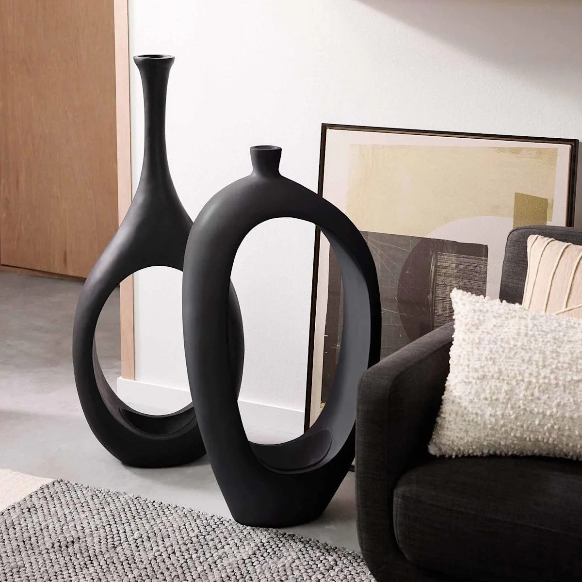 Modern Black Open Circle Floor Vase, 48 Inch