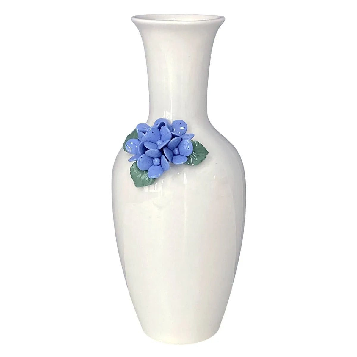 White Ceramic Tabletop Vase with 3D Blue Floral Accents, 9.5 Inch