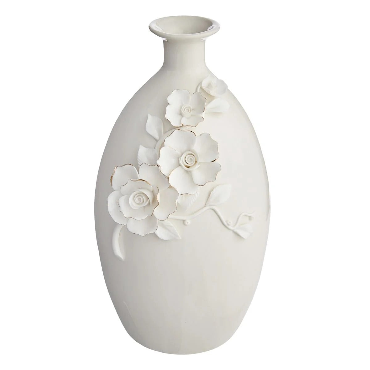 Sculpted Floral Ceramic Tabletop Vase with Gold Edges, 11 Inch