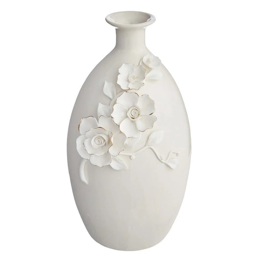 Sculpted Floral Ceramic Tabletop Vase with Gold Edges, 11 Inch