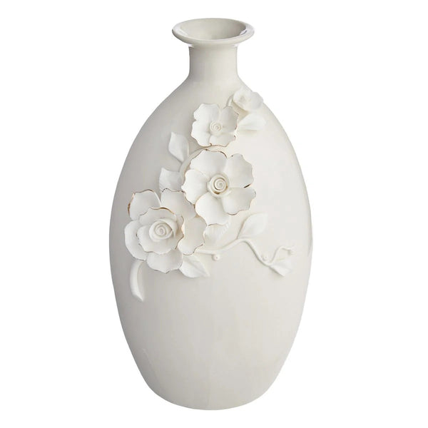 Sculpted Floral Ceramic Tabletop Vase with Gold Edges, 11 Inch