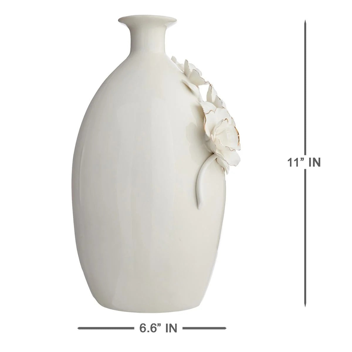 Sculpted Floral Ceramic Tabletop Vase with Gold Edges, 11 Inch